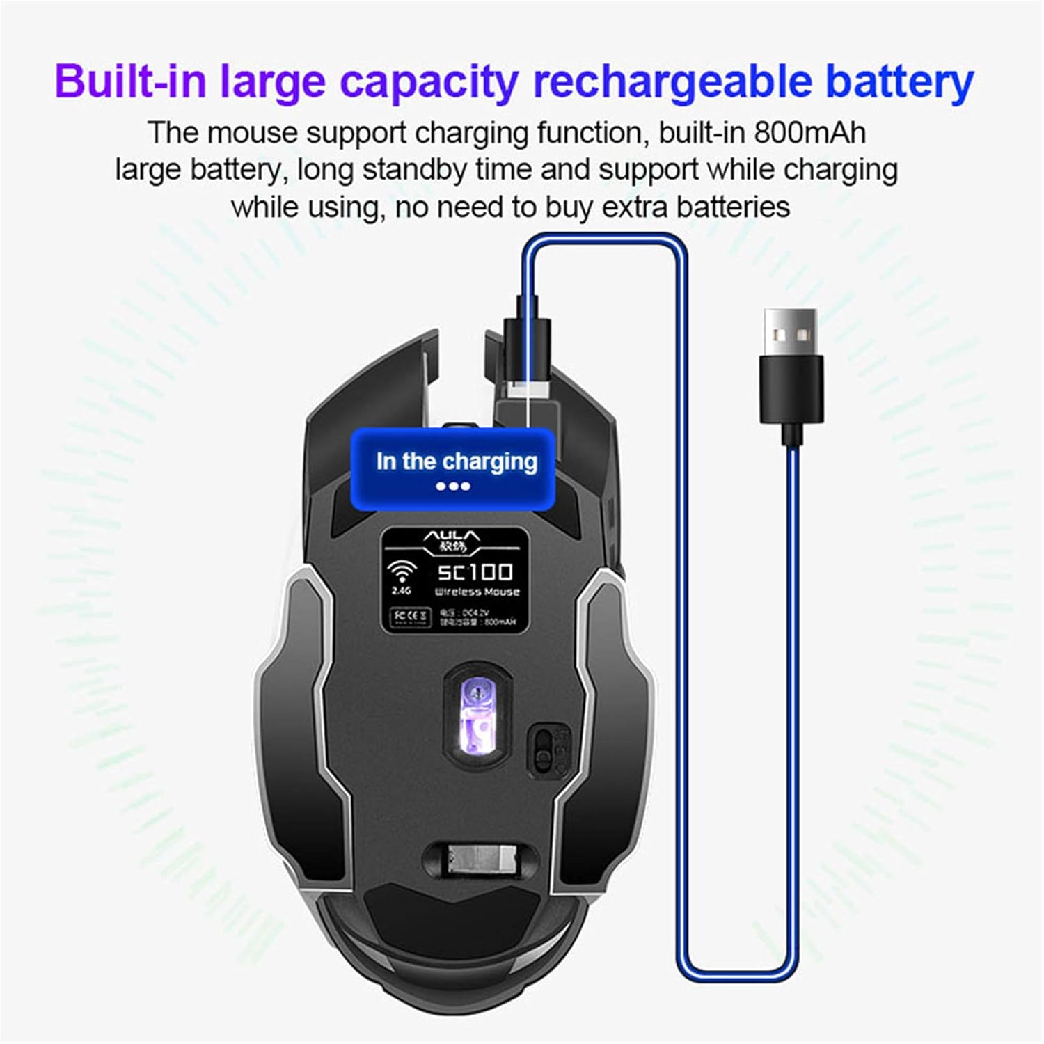 Noiseless Wireless Gaming Mouse with Ergonomic Design - 2 Side Buttons, 30m Range